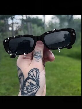 Black Crystal-Studded Rectangle Sunglasses